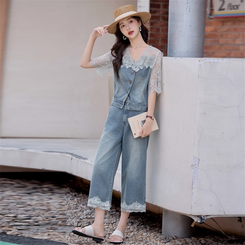 欧货时尚牛仔套装女夏新款韩系时髦洋气蕾丝拼接外套阔腿裤两件套,女装套装/套裙,依路服饰
