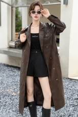 现货大女主媲美仿真皮韩版质感咖色皮风衣翻领中长款外套皮夹克，女装皮衣，江南女神