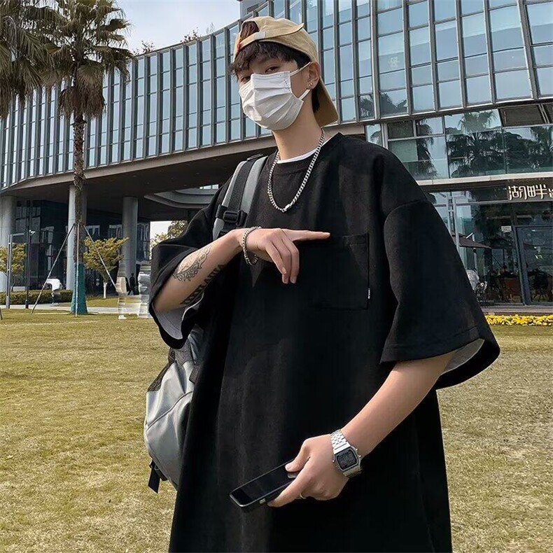 夏季日系ins潮圆领鹿皮绒短袖T恤男女青春流行打底衫口袋圆领上衣,男装T恤,星座506