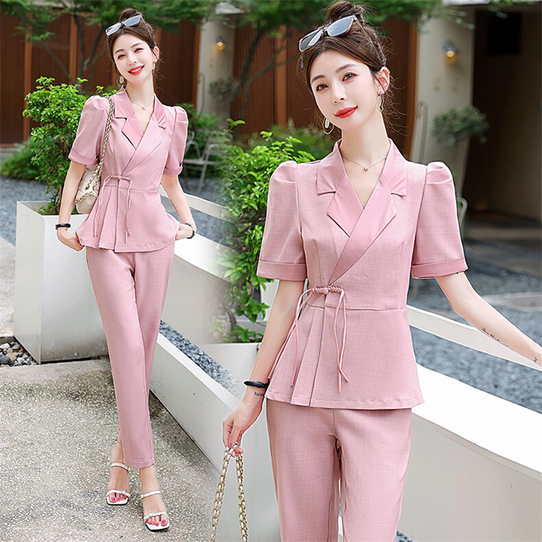 粉色西装套装女2024年夏天新款气质名媛高级感薄款垂感西服两件套,女装套装/套裙,韩美纤衣