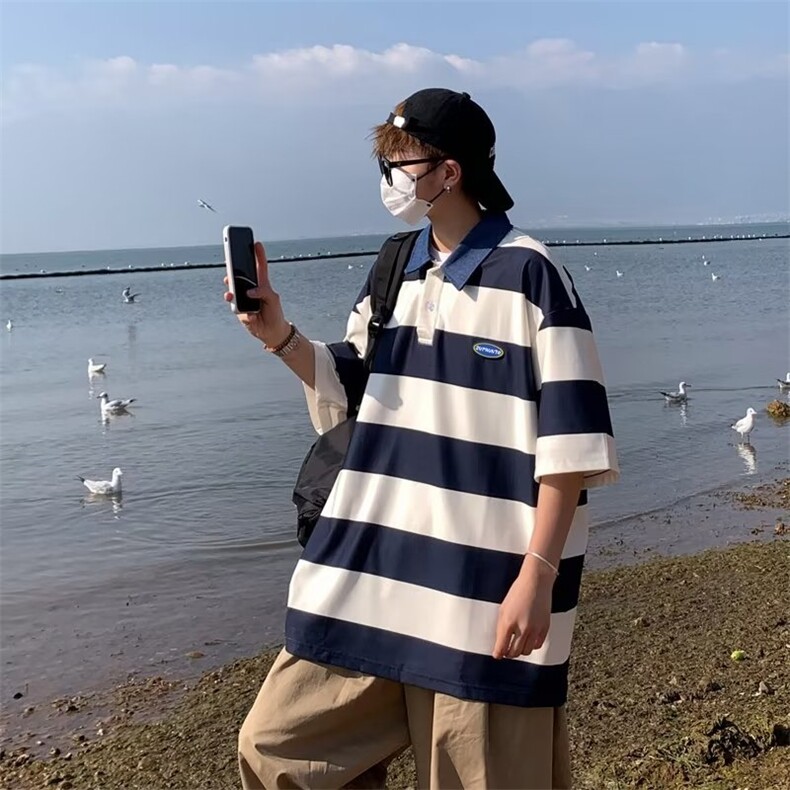 日系少年感Polo衫男生夏季薄款2025新款条纹潮牌宽松翻领短袖t恤,男装Polo衫,星座1116-2