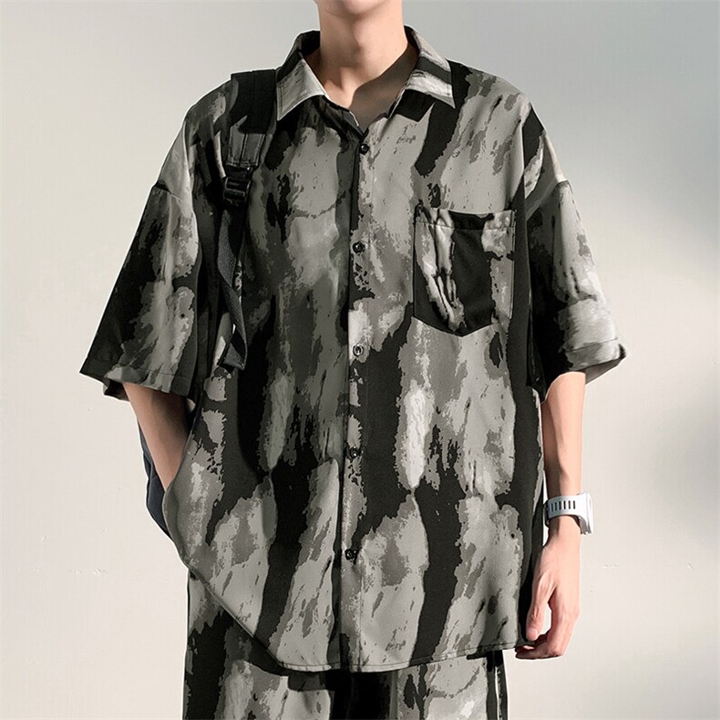 特批P25无差价25夏风水墨画凉感大码冰丝宽松短袖衬衫男CD894,男装衬衫,电商A001