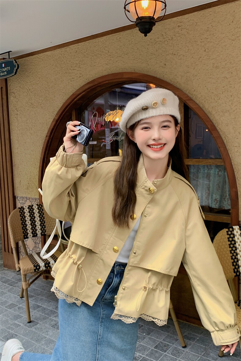 卡其色蕾丝拼接短外套女春秋2025新款小香风设计感时尚小个子风衣,女装短外套,帛香坊