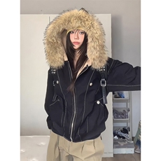 现货重磅boxy短款棉衣座山雕大毛毛领男女棉服水洗工装厚外套，男装棉衣，电商A486-1