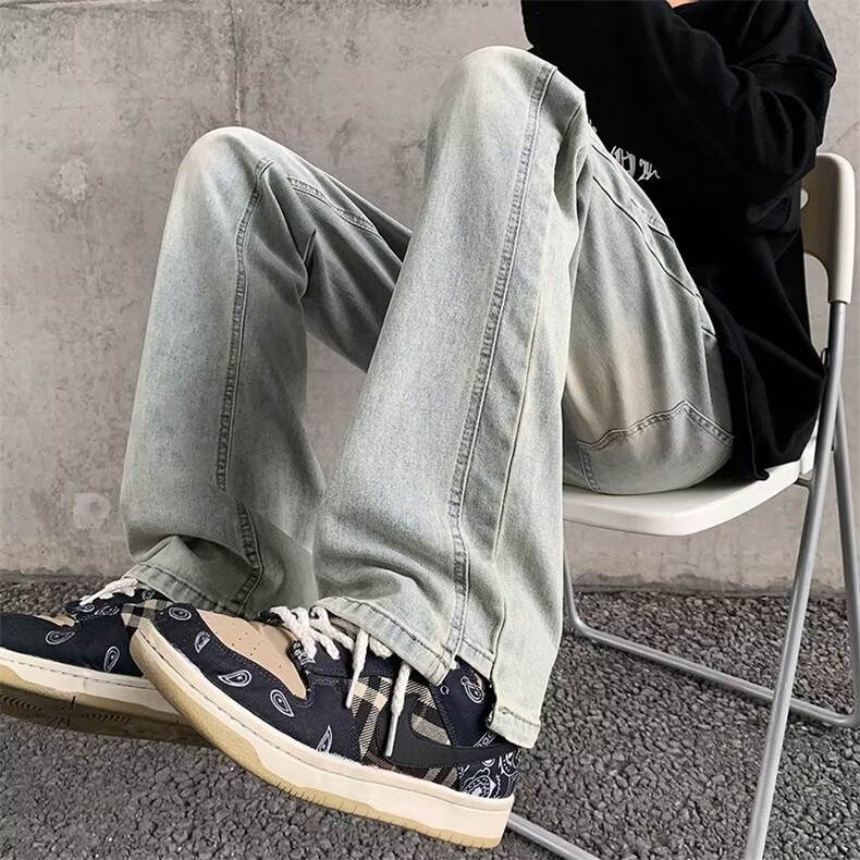 美式vibe风裤子高街水洗复古牛仔裤男修身微喇直筒工装裤R1010P40图片