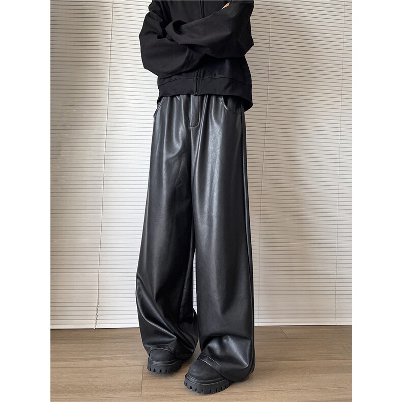 A165-K8779-P60微喇pu皮裤宽松休闲裤阔腿长裤垂感直筒裤拖地裤子，男装皮裤，电商A165
