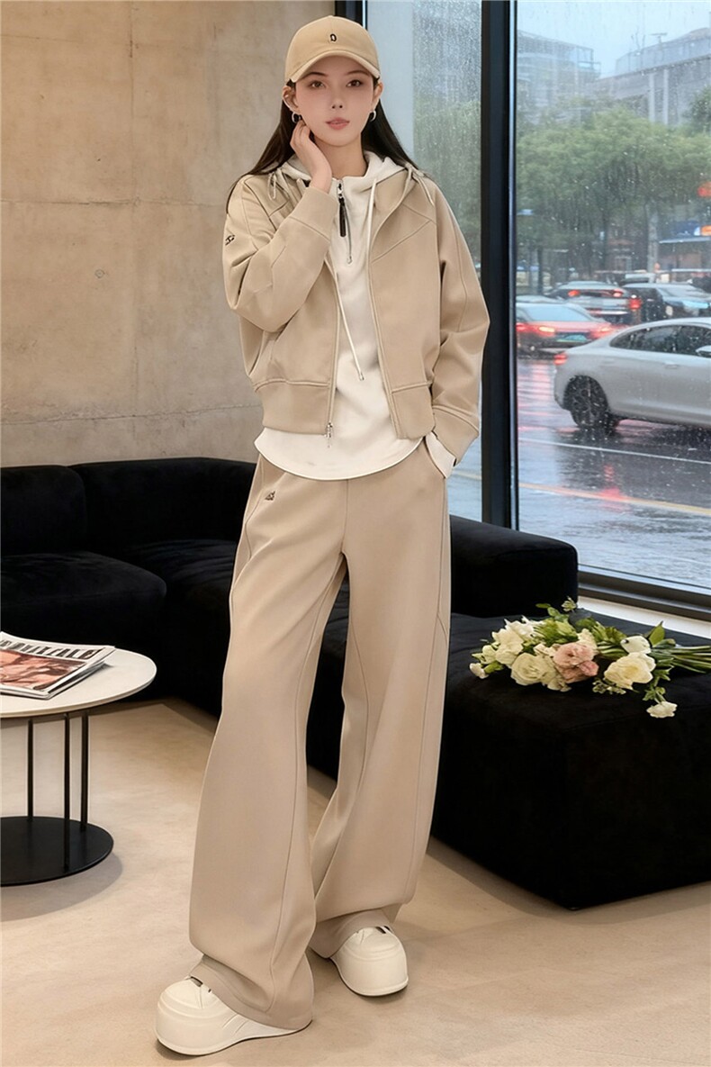 高级感时尚休闲套装女春季纯色连帽卫衣内搭白色背心阔腿裤三件套,女装套装/套裙,江南