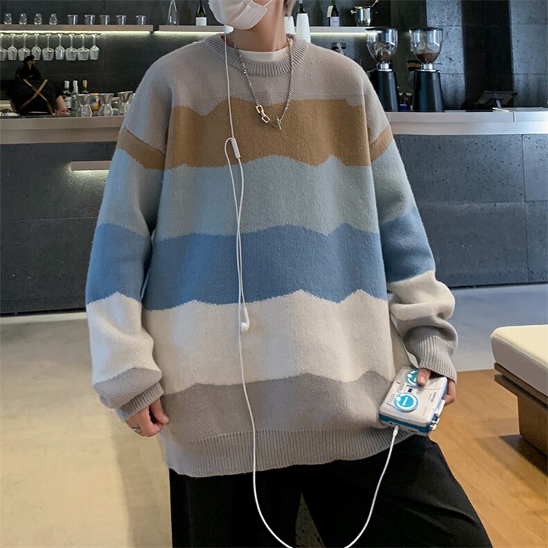 M9107/P65秋冬设计感新款圆领毛衣男百搭简约宽松条纹打底针织衫,男装T恤,电商A141