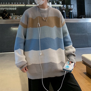 M9107/P65秋冬设计感新款圆领毛衣男百搭简约宽松条纹打底针织衫图片