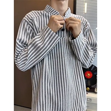 小香风鱼骨条纹无帽卫衣男款美式亨利领长袖t恤高级感内搭打底衫，男装T恤，电商B323A