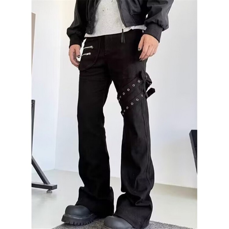 绑带微喇工装牛仔裤男美式高街修身喇叭裤子秋季N8434,男装牛仔裤,星座1116A（原606A-3）