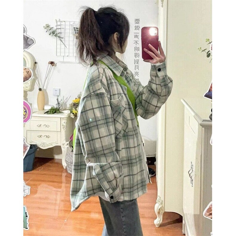 甜美风绿色格子春秋衬衫新款复古设计感百搭小众衬衣上衣潮CYC93,男装衬衫,星座1116A（原606A-3）