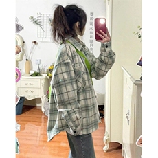 甜美风绿色格子春秋衬衫新款复古设计感百搭小众衬衣上衣潮CYC93，男装衬衫，星座1116A（原606A-3）