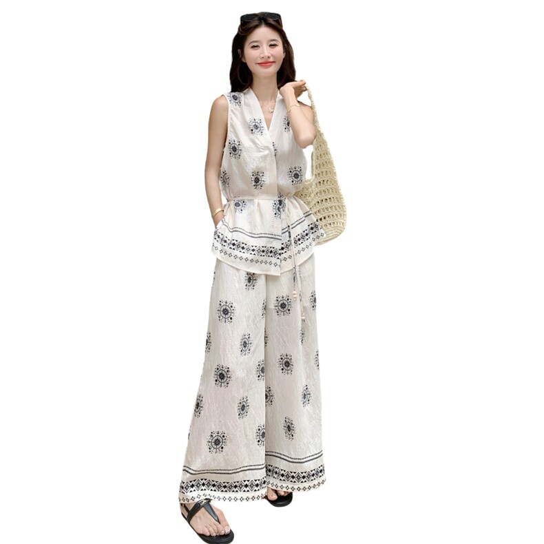 老钱风无袖V领马甲阔腿裤亚麻套装女夏2025新款贵气感御姐两件套,女装套装/套裙,2C375