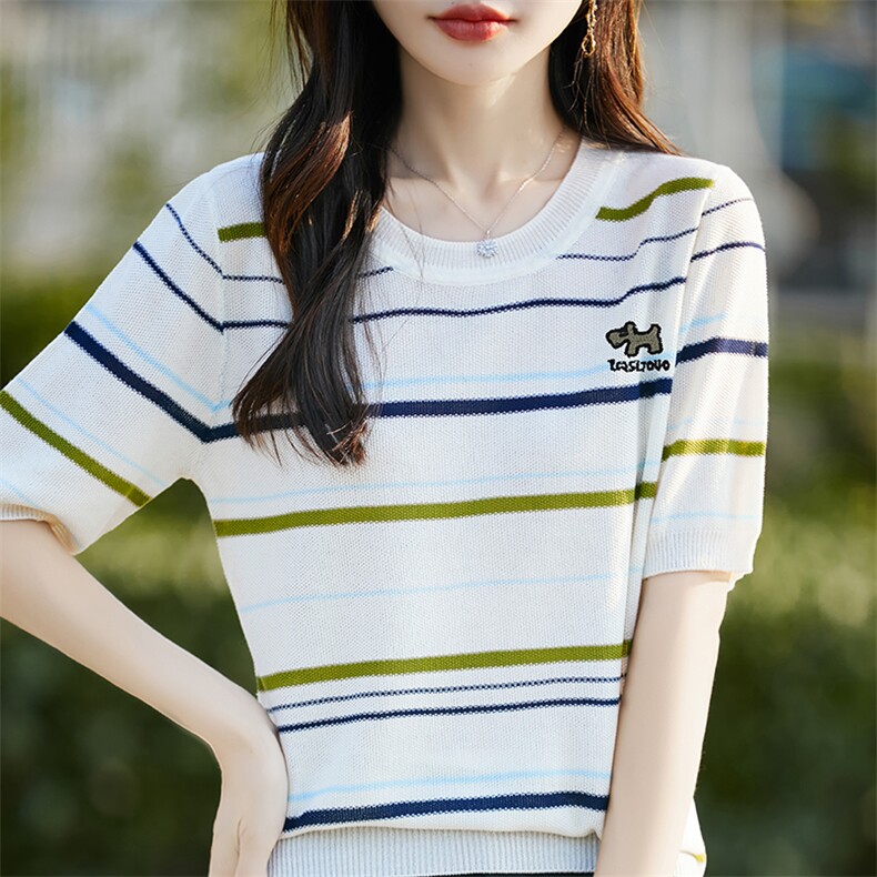 夏季新款女士简约时尚舒适天丝刺绣短袖,女装T恤,斯美雅电商供货