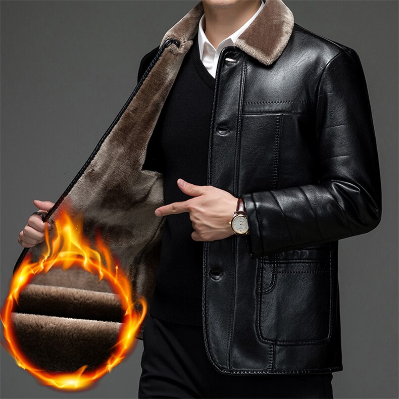 冬季PU皮皮衣男士翻领纯色上衣中年加厚保暖男装外套2023新款，男装皮衣，电商B212（原钱塘6029）
