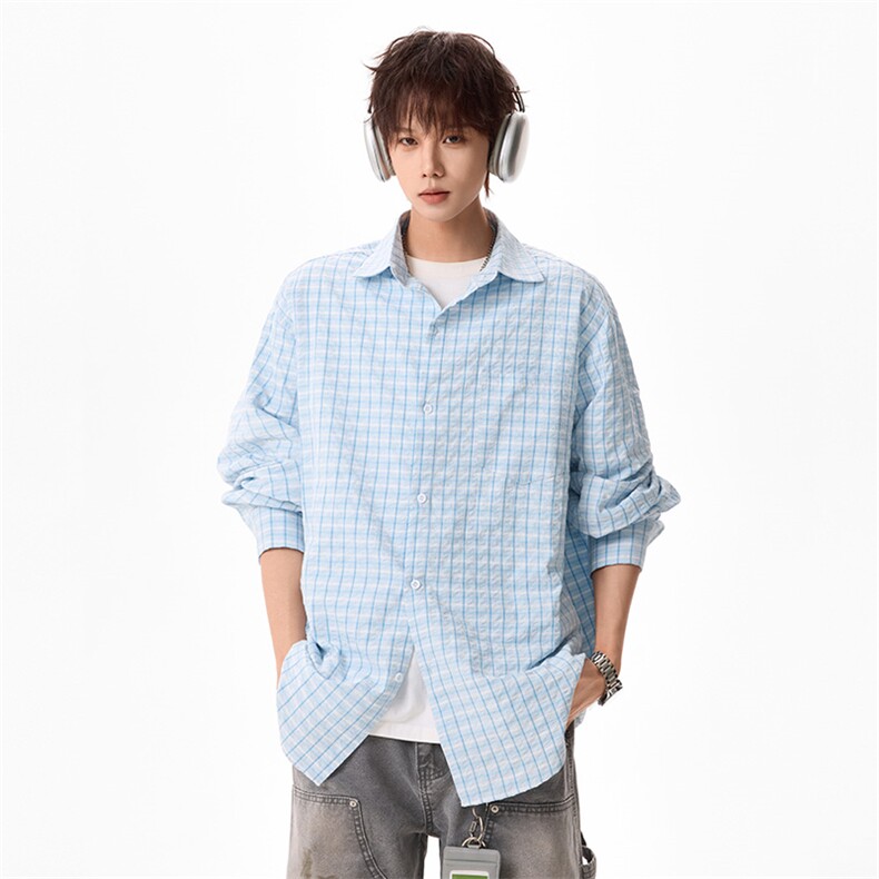 春季慵懒风格子衬衫薄开衫外套韩系泡泡纱上衣C61317-TP3568,男装衬衫,电商A102