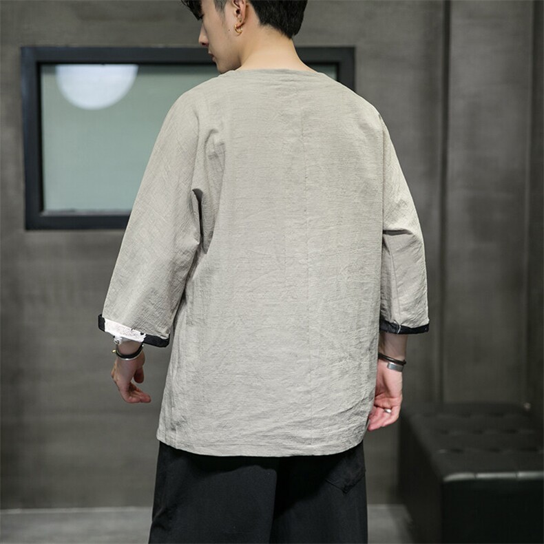 2025春夏季风男装棉麻短袖t恤男复古大码,男装T恤,电商A008