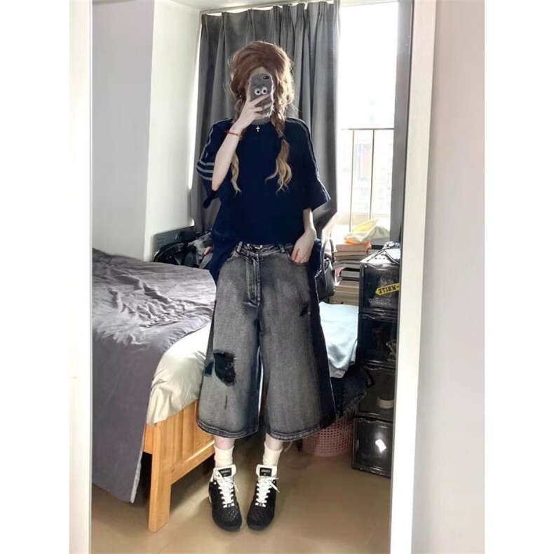D5553-P45破洞牛仔短裤男女撞色网红超火炸街六分裤-网图现货,男装牛仔裤,星座603-2