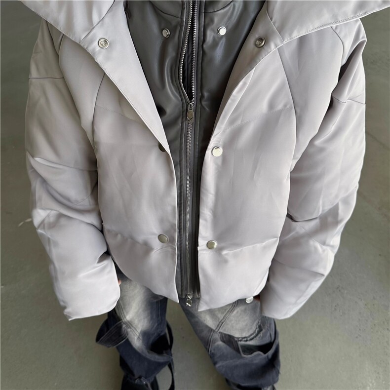 冬季PU皮拼接假两件棉衣男亮面双层小众设计感加厚宽松棉服外套潮,男装棉衣,星座506A
