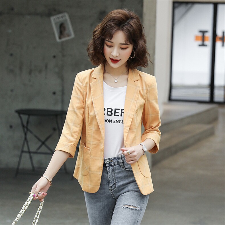 黄色格子西装外套女薄款2025春夏季新款休闲七分袖短款小个子西服图片
