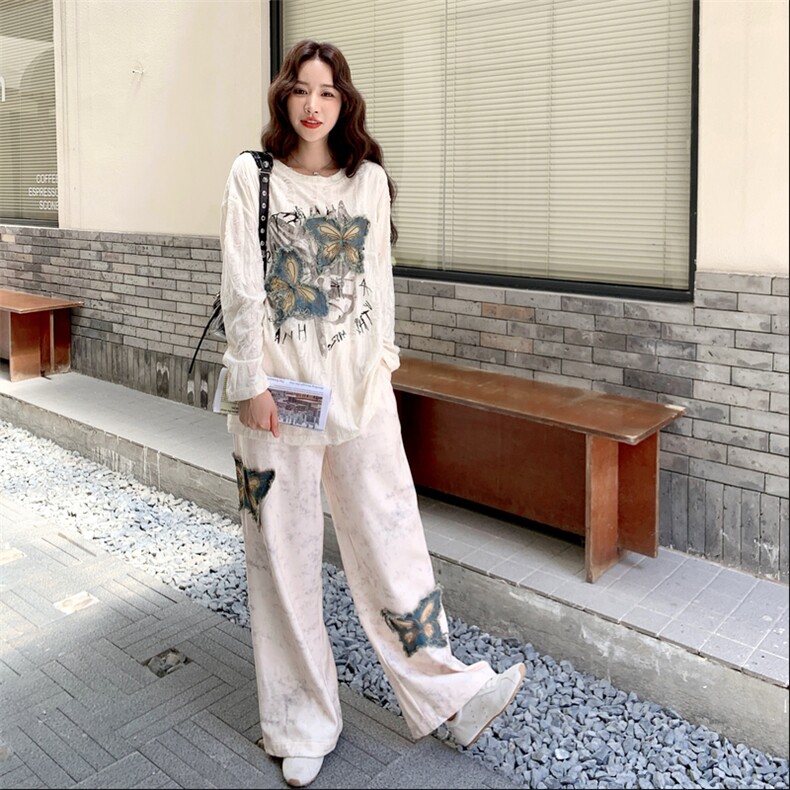 美式复古蝴蝶印花长袖T恤女两件套装2025秋季新款宽松气质休闲裤,女装套装/套裙,2C087