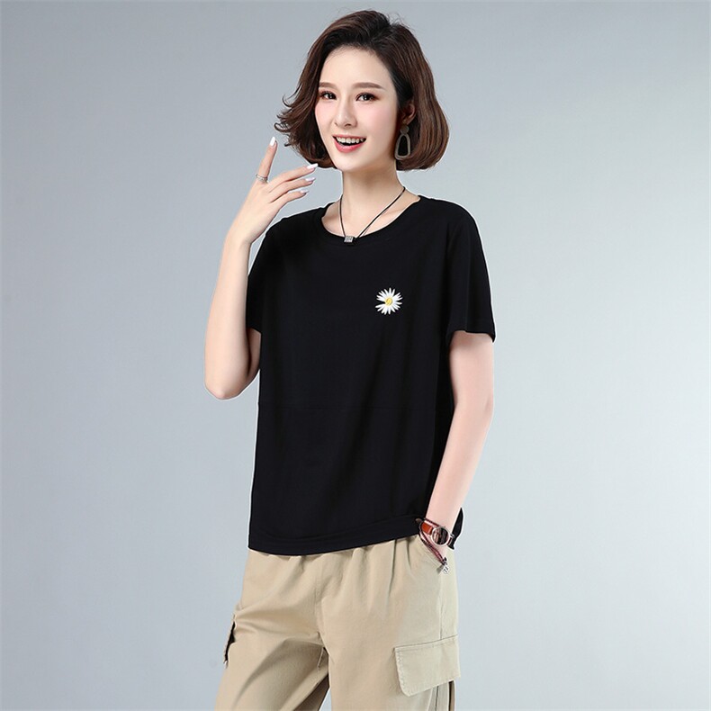 时尚小雏菊刺绣宽松短袖T恤女夏季新款韩版百搭显瘦上衣,女装T恤,依恋蒂丝