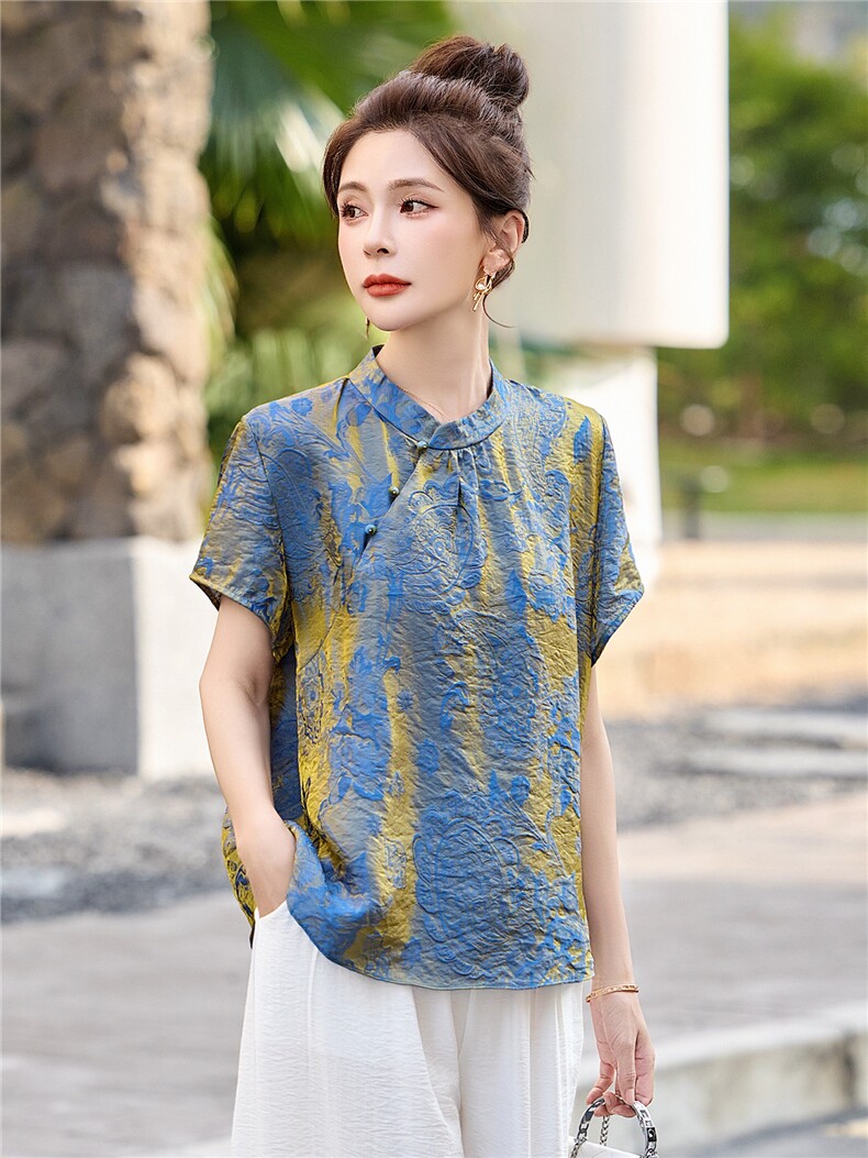 现货中式人丝香云纱织锦双色泛光短袖中古风巨好看两件夏季女套装,女装套装/套裙,木橙西子