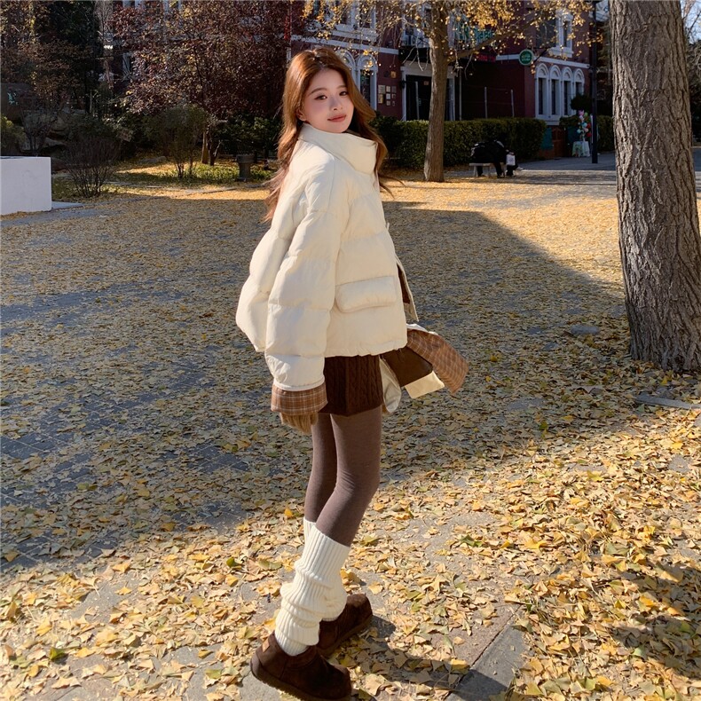 韩系拼接撞色格子围巾短款羽绒服女2025冬立领宽松小个子减龄外套,女装羽绒服,艾米莉亚