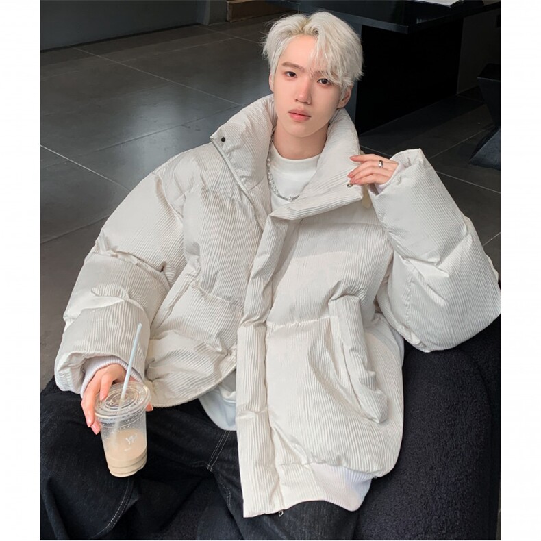 新货冬季压皱设计纯色立领棉衣男复古宽松BF保暖面包服外套my98,男装棉衣,电商C307