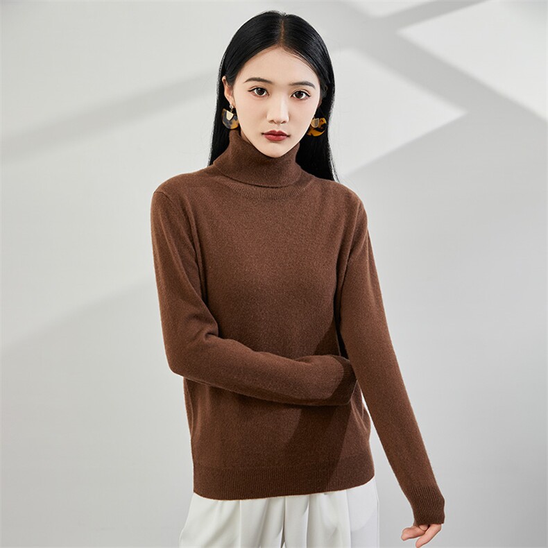 2024秋冬新款35%山羊绒女士净面高翻领羊绒衫图片