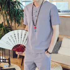 DY18*夏季2021男士棉麻短袖T恤套装长裤两件套装男灰蓝*P50，男装T恤，星座1516（原B303）