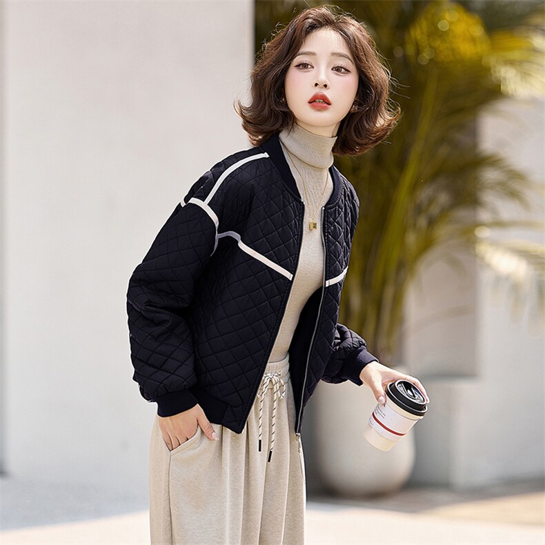 PU皮棉衣棉服女2024冬季新款小个子短款外套棉袄菱形格夹棉夹克,女装皮衣,魅丽静蓝