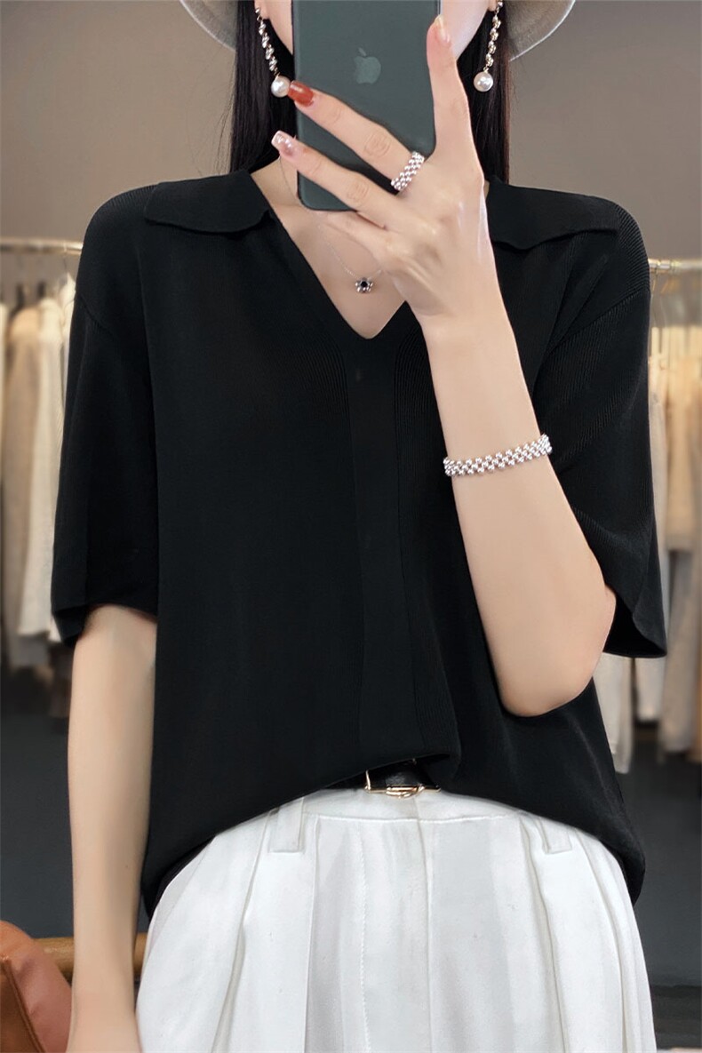 冰丝Polo领针织衫短袖女薄款打底衫夏季新款宽松半袖纯色t恤上衣,针织衫/毛衣,萱芳婷羊绒