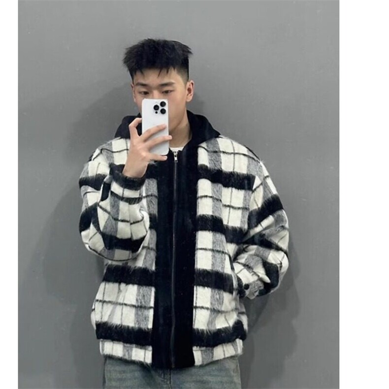 小香风假两件连帽格子外套男士冬季新款复古青年宽松休闲毛呢夹克,男装夹克,星座506A