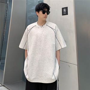 美式复古线头设计感短袖夏季圆领铆钉装饰T恤男女T802-P38图片