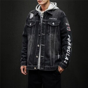 jk818-p80 M-5XL黑墙ins牛仔夹克绣花破洞大码男日系CITYBOY图片