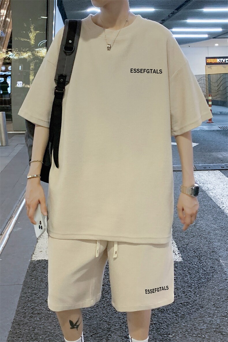 华夫格休闲时尚套装男夏季白色潮牌两件套青少年男生T恤运动短裤,男装T恤,电商B220
