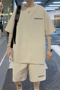 华夫格休闲时尚套装男夏季白色潮牌两件套青少年男生T恤运动短裤图片