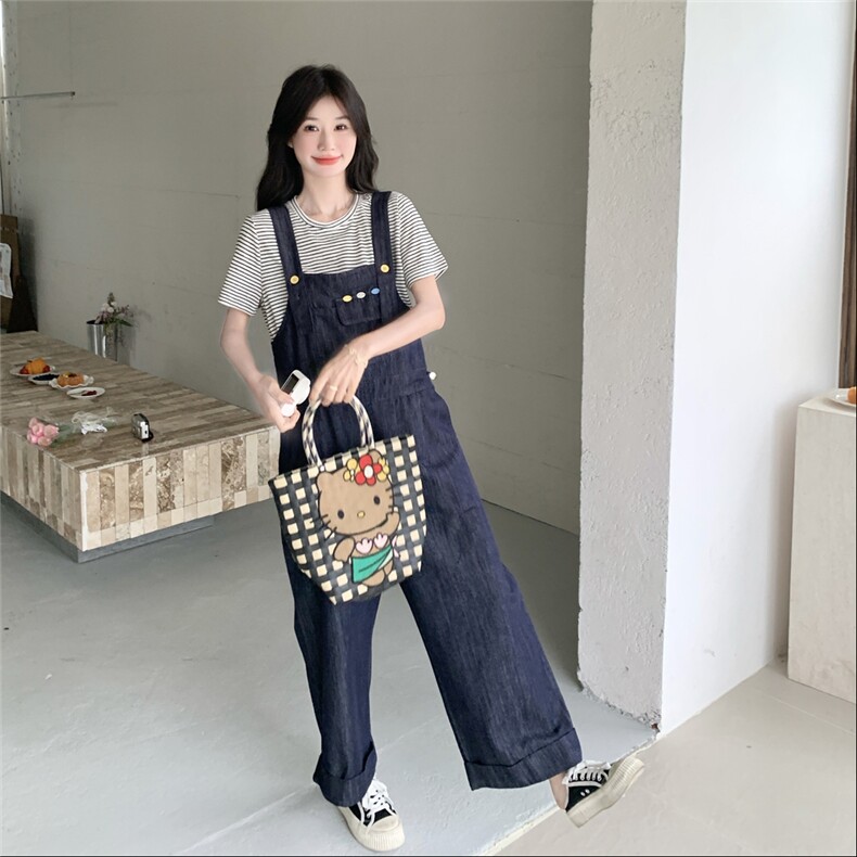 韩系复古减龄牛仔背带裤女2025夏新款学院风条纹T恤阔腿裤两件套,女装套装/套裙,2C307