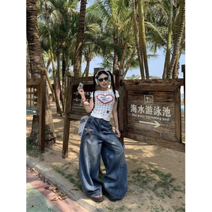 美式复古星星贴布水洗弯刀牛仔裤男女慵懒做旧宽松阔腿裤B6077