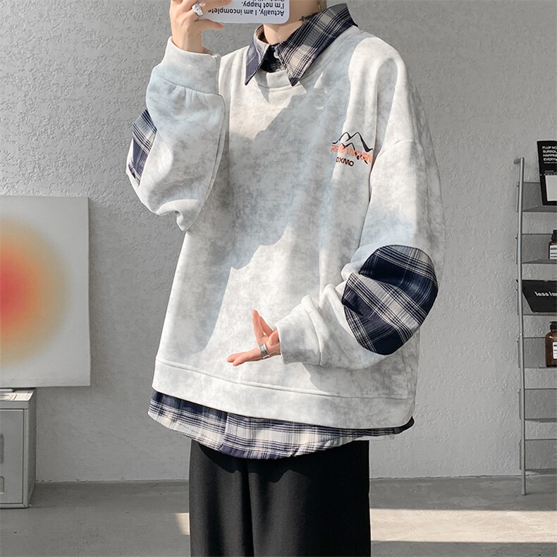 现货WY10095-P58加绒P68扎染撞色拼接格子假两件卫衣,男装卫衣,电商A059