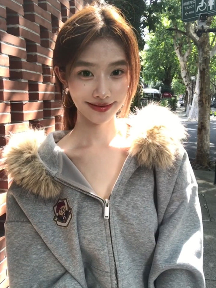 网图美式复古卡通熊耳朵毛领连帽卫衣男女休闲开衫拉链外套特P78,女装短外套,电商C306-1