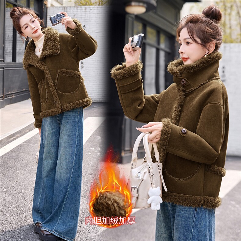 时尚立翻两用衣领斜绒里明袋加绒加厚皮毛一体外套2673P150,女装棉衣/棉服,乐衣轩