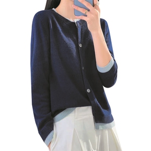 假两件羊毛针织开衫女撞色圆领宽松毛衣外搭2024春秋新款百搭外套图片