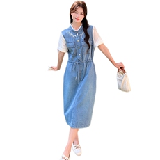 时尚显瘦夏季牛仔连衣裙中长款女清新减龄无袖刺绣设计百搭休闲风，女装连衣裙，秋水欣儿