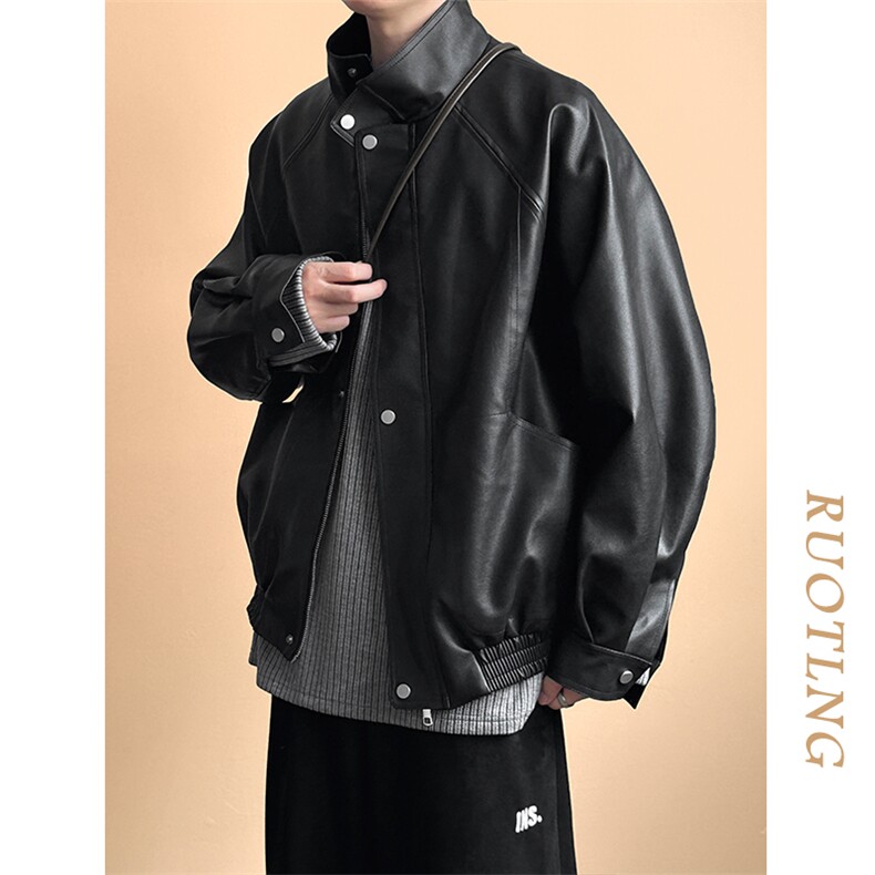 主推现货新款立领皮衣外套男宽松休闲机车皮夹克A351-AP2465-P105,男装夹克,电商A351