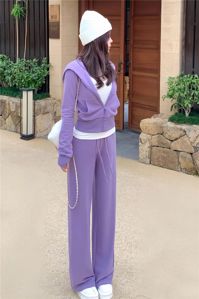 休闲时尚减龄套装女春季新款宽松显瘦纯色连帽卫衣阔腿长裤两件套,女装套装/套裙,江南