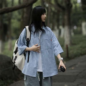 格子衬衫女日系少年短袖上衣设计感小众法式韩系外套C6433-P38图片