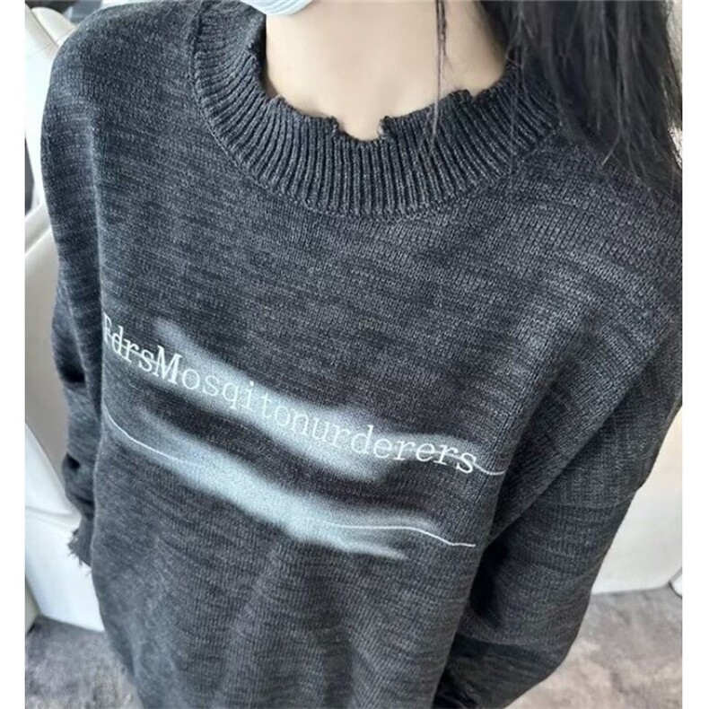 美式划线印花图案圆领套头上衣男宽松百搭休闲针织毛衣 ME1109图片